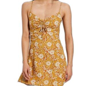 Floral Gold Cotton Viscose Tie-Shoulder Mini Swing Dress V-Neck Women's Size XL